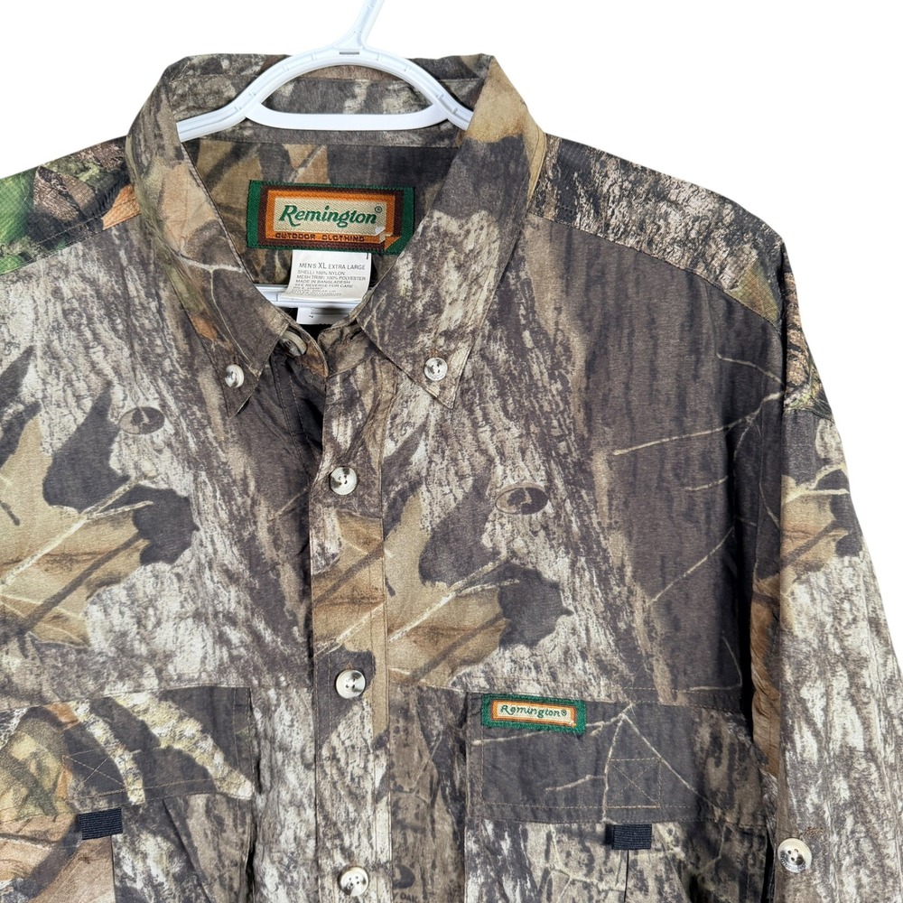 Remington Camo Hunting Shirt Mens XL Mossy Oak Break Up Nylon Roll Tab Button Up